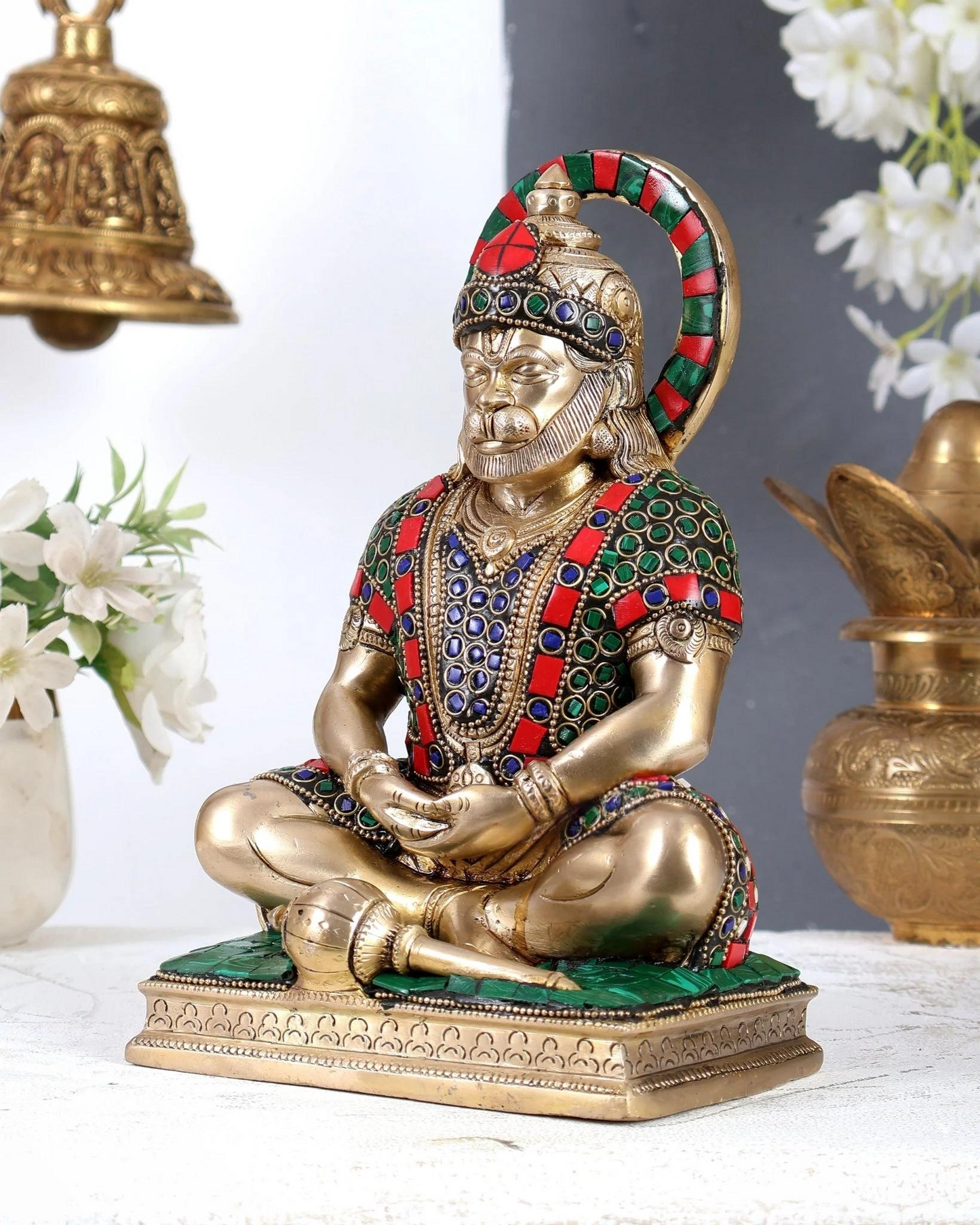 Brassaura® Meditating Lord Hanuman Idol | Meenakari Stone Work Hanuman Ji Murti for Home Temple & Spiritual Décor | Height 9 Inches | Weight 3.6 Kgs