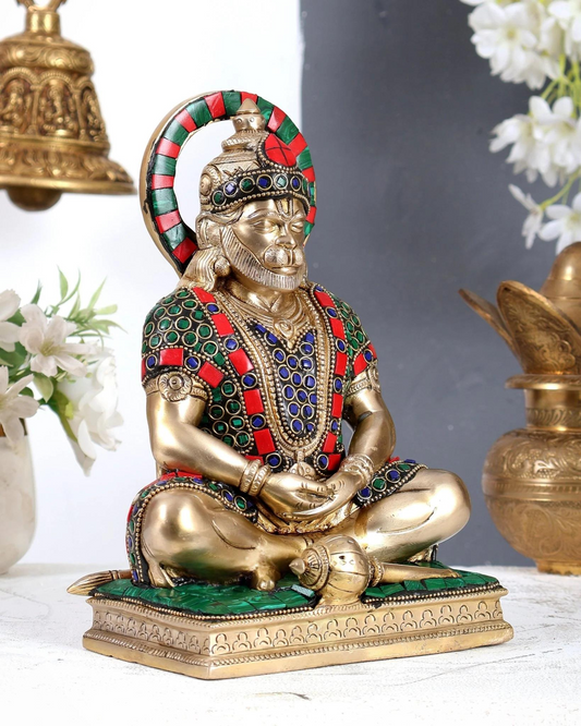 Brassaura® Meditating Lord Hanuman Idol | Meenakari Stone Work Hanuman Ji Murti for Home Temple & Spiritual Décor | Height 9 Inches | Weight 3.6 Kgs