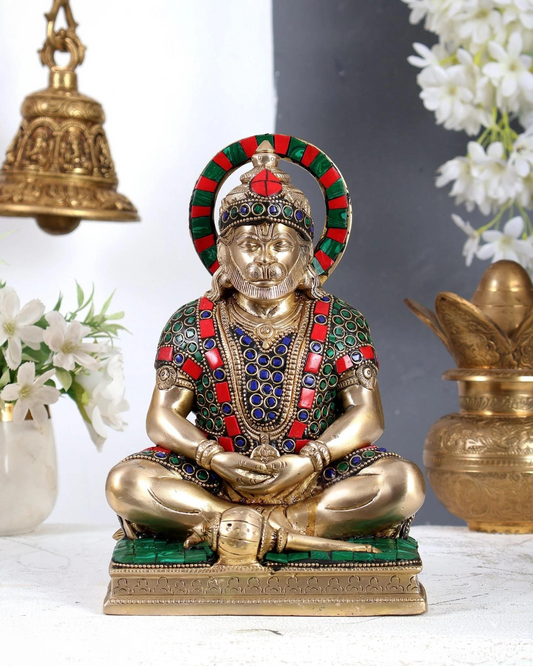 Brassaura® Meditating Lord Hanuman Idol | Meenakari Stone Work Hanuman Ji Murti for Home Temple & Spiritual Décor | Height 9 Inches | Weight 3.6 Kgs