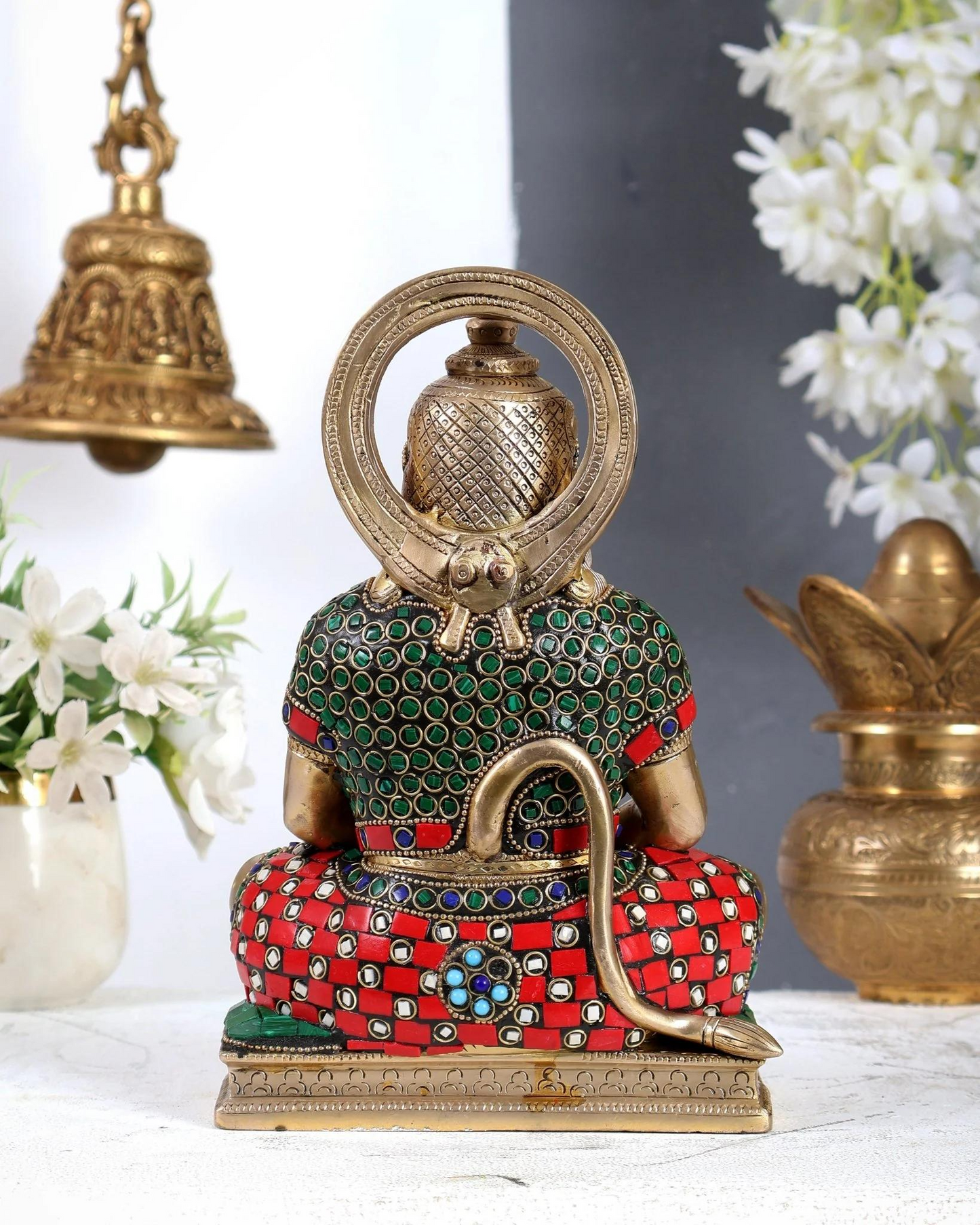 Brassaura® Meditating Lord Hanuman Idol | Meenakari Stone Work Hanuman Ji Murti for Home Temple & Spiritual Décor | Height 9 Inches | Weight 3.6 Kgs