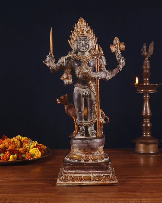 Brassaura™ Superfine Brass Kala Bhairava Statue with Vahana Dog – Height 17.5 inches | Weight 9 kgs