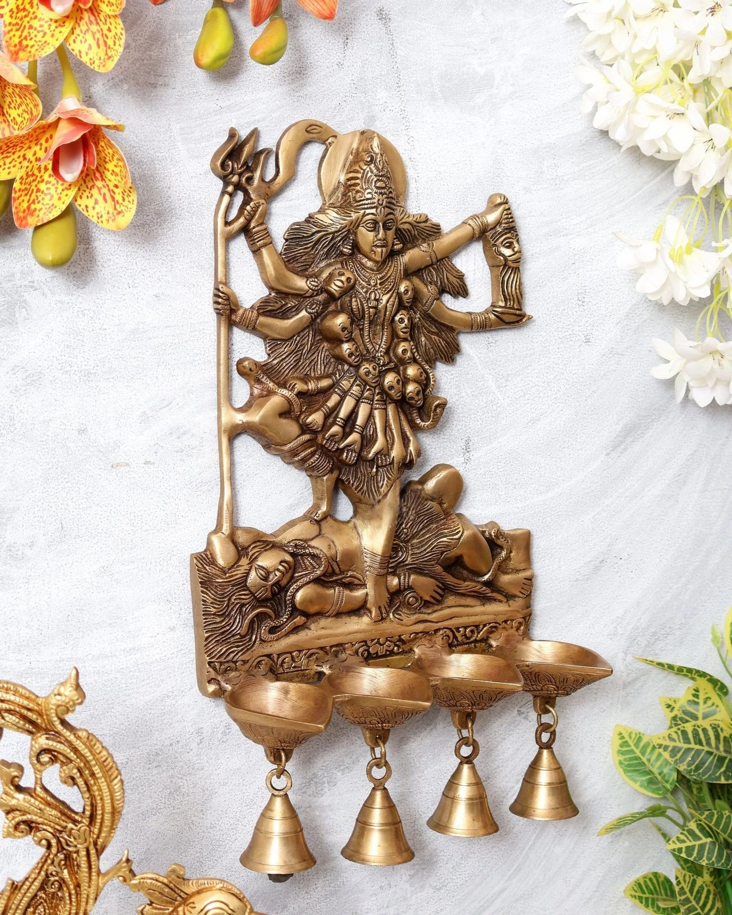 Brassaura® Maa Kali Panchdeep Brass Wall Hanging Diya | Traditional Temple Art | Height 15.5 Inches & Weight 3.21 Kgs