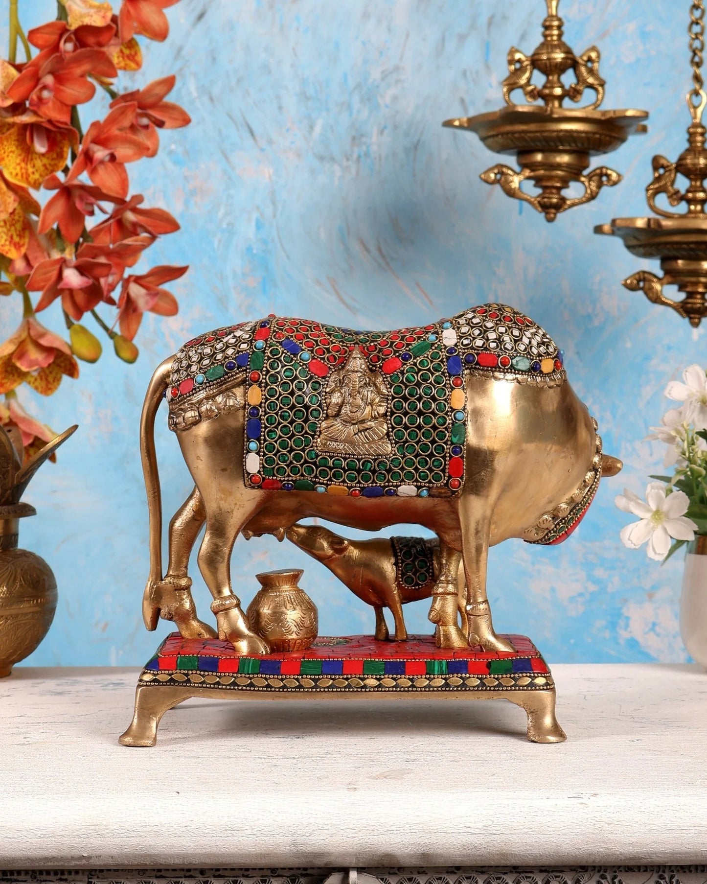 Brassaura® Brass Kamadhenu Cow with Calf Statue | Height 9.5 Inches