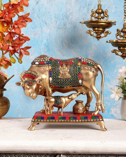 Brassaura® Brass Kamadhenu Cow with Calf Statue | Height 9.5 Inches