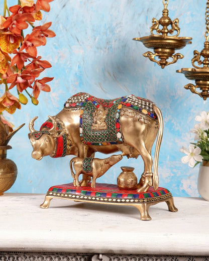 Brassaura® Brass Kamadhenu Cow with Calf Statue | Height 9.5 Inches