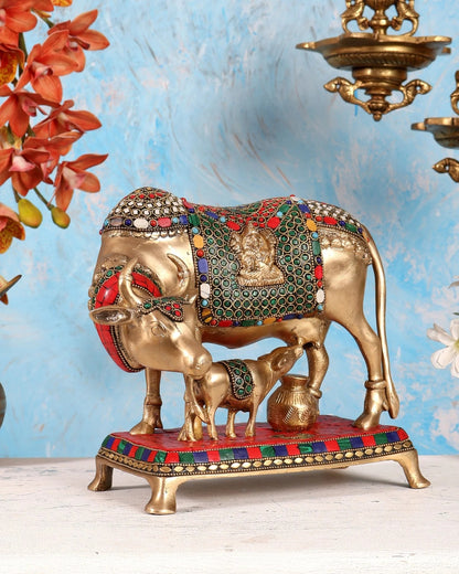 Brassaura® Brass Kamadhenu Cow with Calf Statue | Height 9.5 Inches