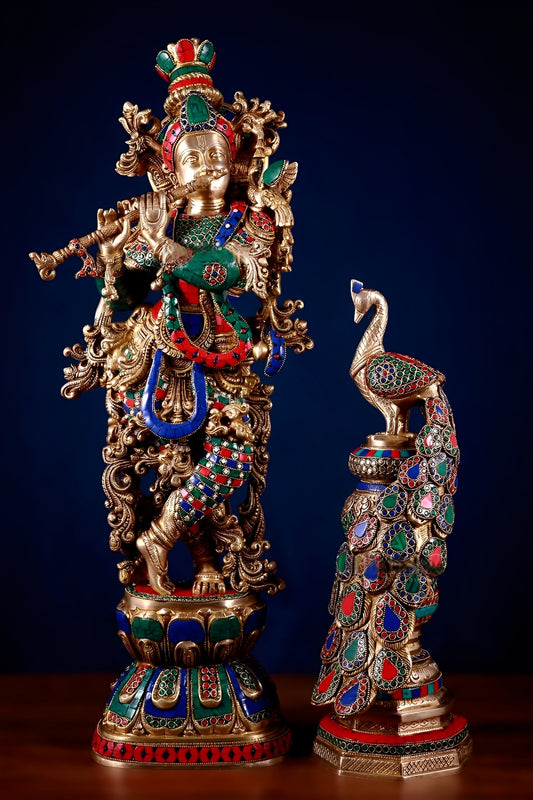 Brassaura® Brass Lord Krishna Playing Flute Idol with Large Peacock Showpiece Set | Natural Stone & Meenakari Work | Pure Solid Brass Handcrafted Décor | Krishna Height 29 Inches | Peacock Height 20 Inches | Total Weight 27.5 Kg