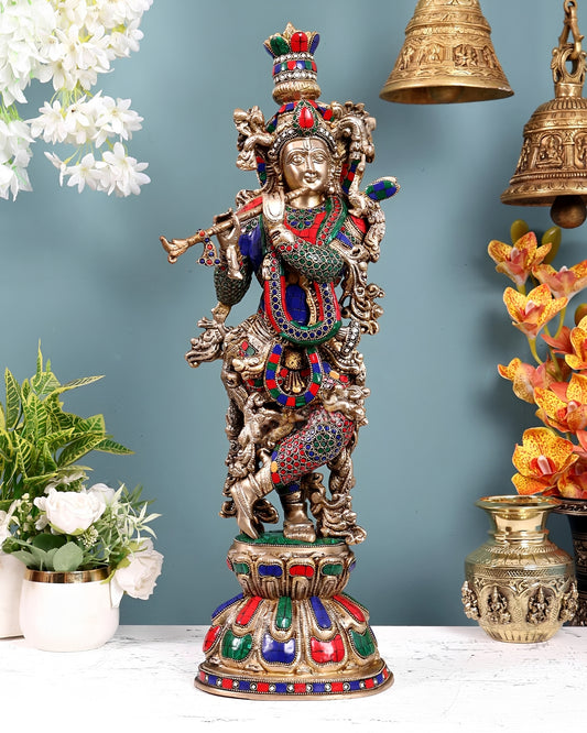 Brassaura® Brass Krishna Playing Flute Statue | Height 24 Inches