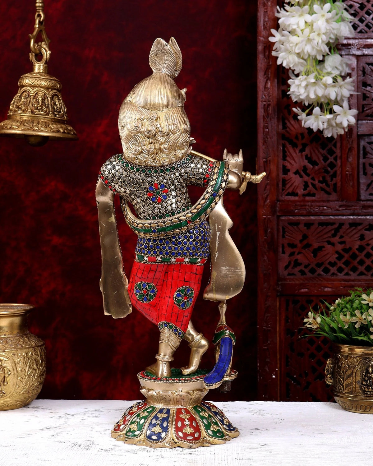 Brassaura® Standing Lord Krishna Idol with Flute and Multicolour Stonework | Pure Superfine Brass Handcrafted Murti | Brass Statue for Home Temple, Pooja Room | Height 19 Inches | Weight 7.5 Kgs