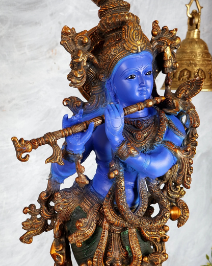 ब्रासोरा® वृंदावन वेणुगोपाल कृष्ण पीतल की प्रतिमा मोर के साथ | एंटीक नीला और सुनहरा रंग | ऊँचाई 20 इंच