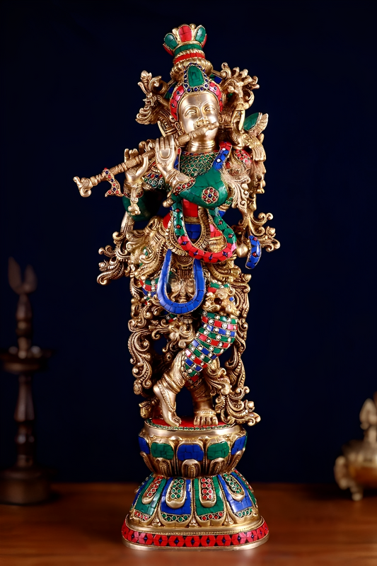 Brassaura™ Brass Krishna Playing Flute Statue with Stonework – Height 29 Inches & Weight 20 Kgs