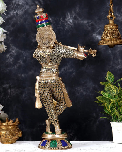 ब्रासोरा® वृंदावन वेणुगोपाल कृष्ण पीतल की प्रतिमा मोर के साथ | एंटीक नीला और सुनहरा रंग | ऊँचाई 20 इंच