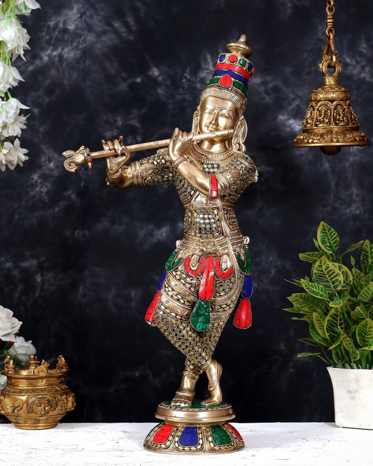 Brassaura® Krishna Standing Flute Playing Idol with Golden Finish with Natural Semi-Precious Stonework | Pure Superfine Brass Handcrafted Murti | Brass Statue for Home Temple, Pooja Room | Height 23 Inches | Weight 10 Kgs