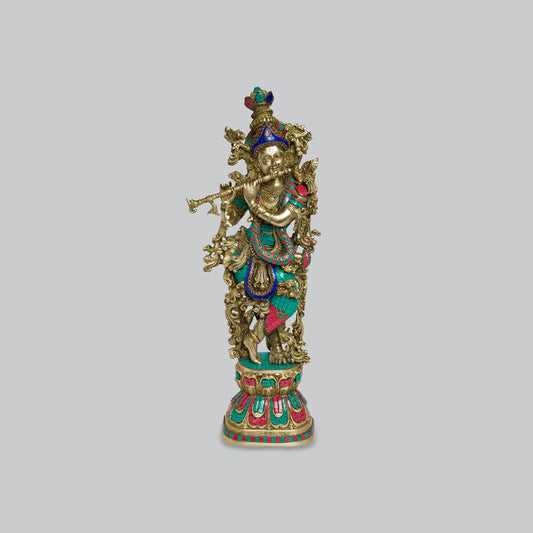 Brassaura® Standing Lord Krishna with Stonework | Premium Brass Sculpture | Height 30 Inches & Weight 16 Kgs