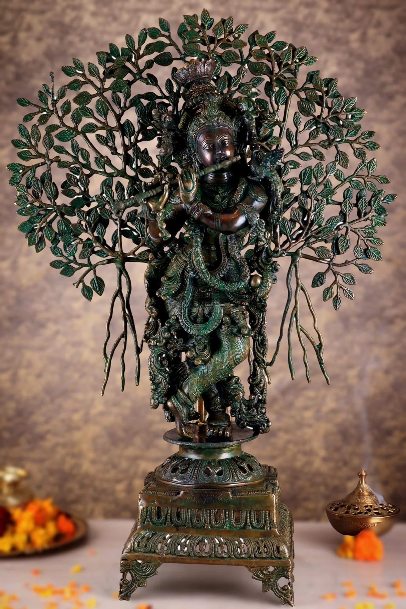Brassaura™ Krishna Muralidhari Brass Idol – Height 35" | Weight 31 Kgs | Antique Gold Finish