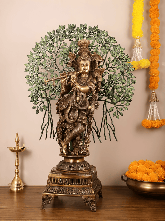 Brassaura™ Krishna Muralidhari Brass Idol | Antique Gold Finish with Green Leaves | Height 35 Inches & Weight 31 Kgs