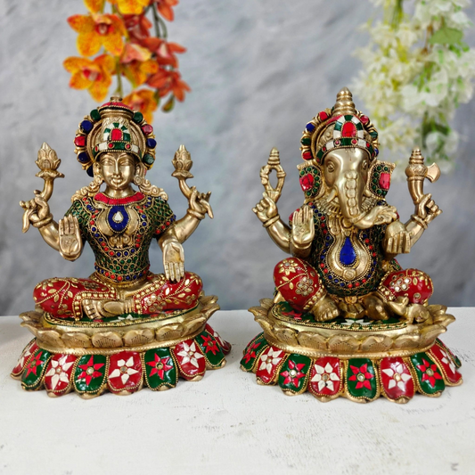 Brassaura® Brass Lakshmi Ganesha Statue Set | Height 12 Inches