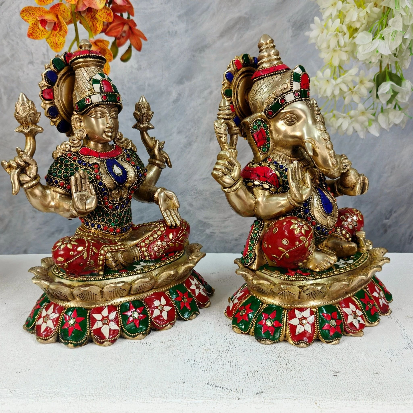 Brassaura® Brass Lakshmi Ganesha Statue Set | Height 12 Inches