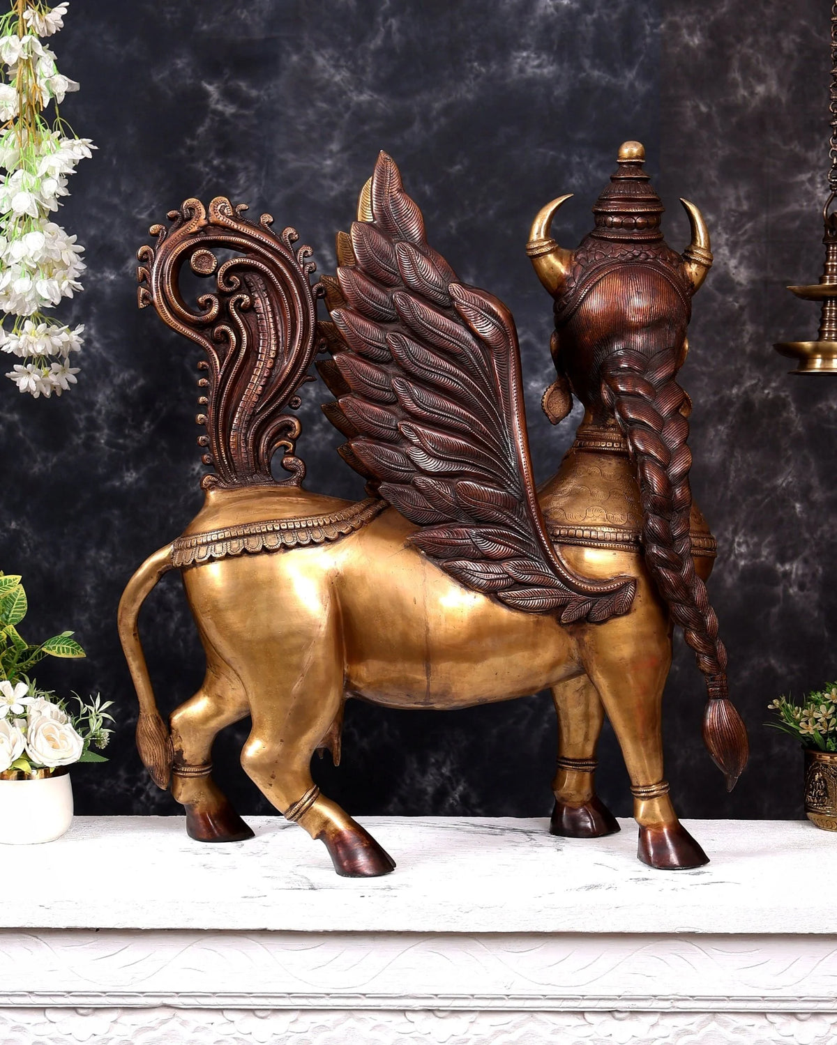 Brassaura® Standing Kamadhenu Cow Goddess Sculpture with Ornate Wings | Pure Superfine Brass Handcrafted Murti | Brass Statue for Home Temple, Pooja Room | Height 30 Inches | Weight 56 Kgs