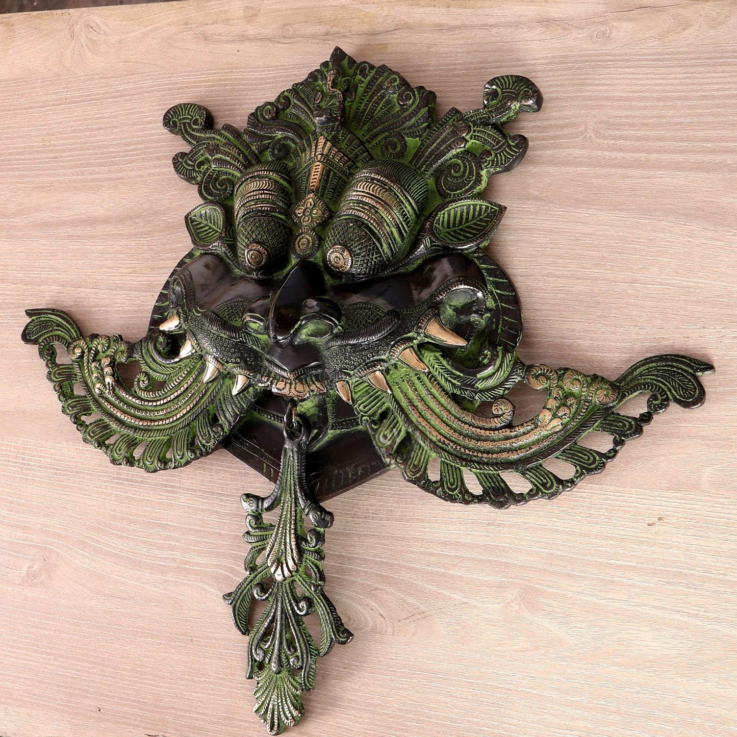 Brassaura® Premium Brass Kirtimukha Yali Wall Hanging | Handcrafted Nazar Battu Face Wall Décor with Black & Green Antique Patina | Height 18 Inches | Weight 7 Kgs