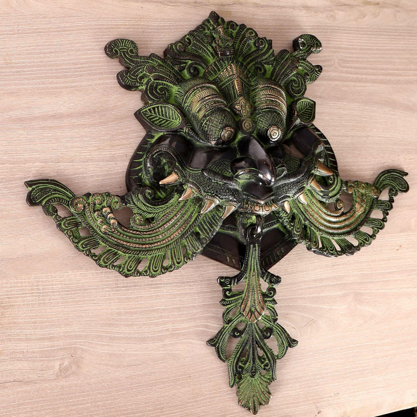 Brassaura® Premium Brass Kirtimukha Yali Wall Hanging | Handcrafted Nazar Battu Face Wall Décor with Black & Green Antique Patina | Height 18 Inches | Weight 7 Kgs