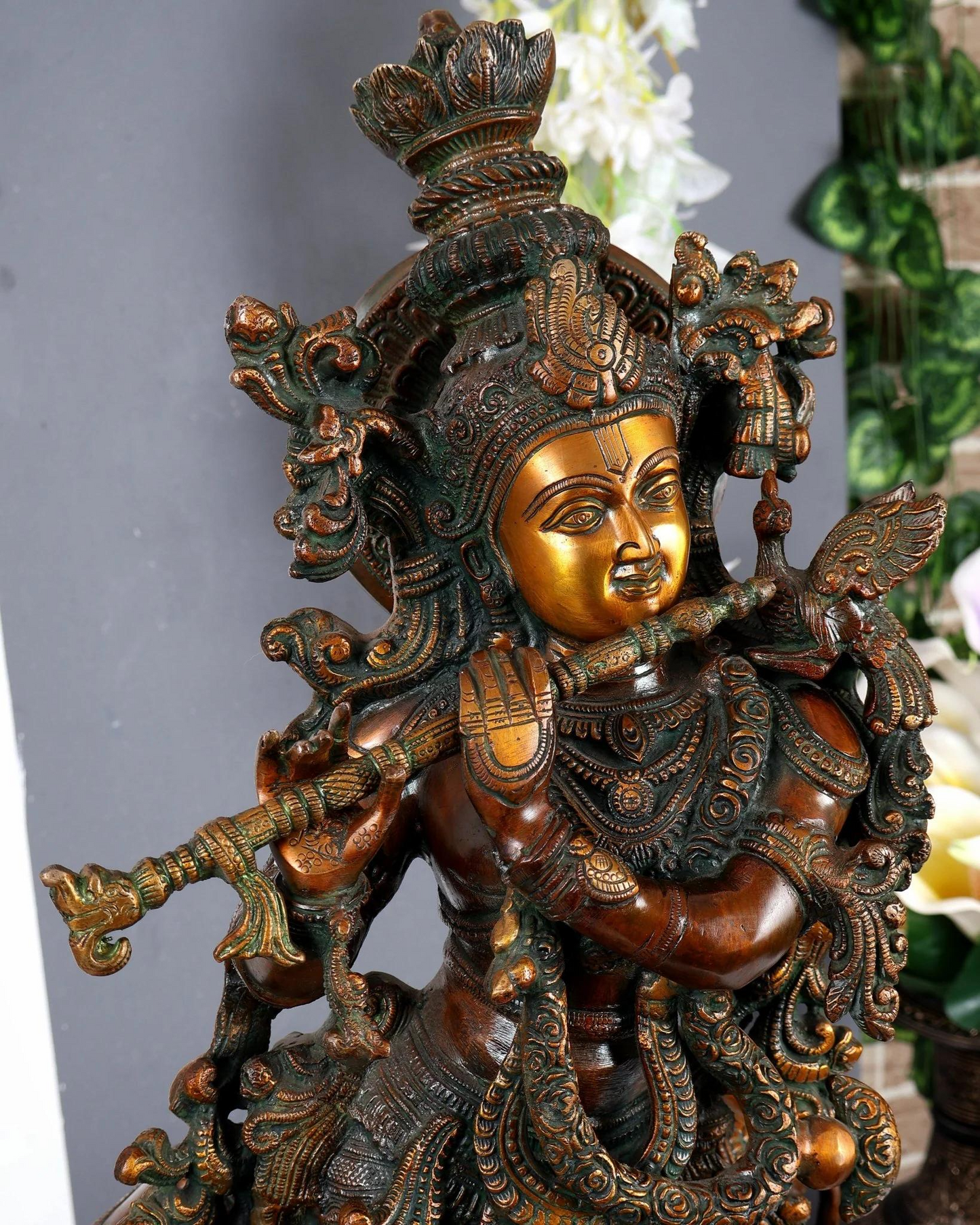 Brassaura® Premium Brass Lord Krishna Playing Flute with Sacred Cow Idol | Handcrafted Antique Finish Krishna Murti for Home Temple & Spiritual Décor | Height 29 Inches | Weight 35 Kgs