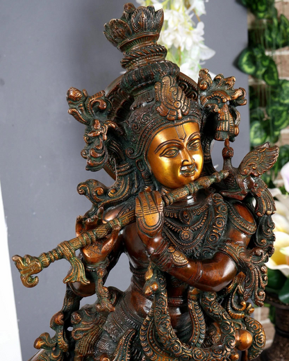 Brassaura® Premium Brass Lord Krishna Playing Flute with Sacred Cow Idol | Handcrafted Antique Finish Krishna Murti for Home Temple & Spiritual Décor | Height 29 Inches | Weight 35 Kgs