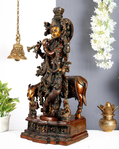 Brassaura® Premium Brass Lord Krishna Playing Flute with Sacred Cow Idol | Handcrafted Antique Finish Krishna Murti for Home Temple & Spiritual Décor | Height 29 Inches | Weight 35 Kgs