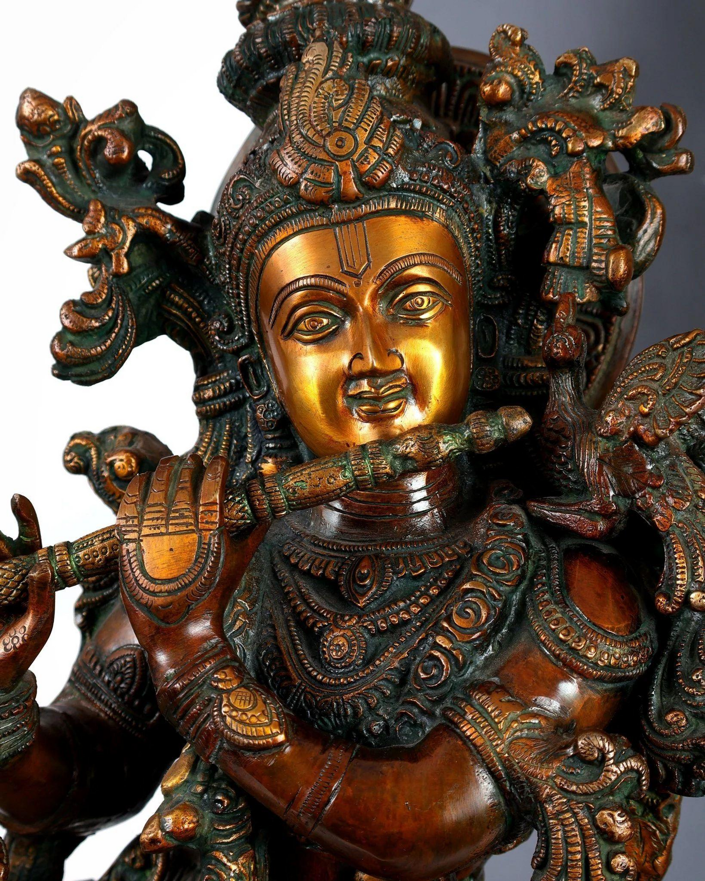 Brassaura® Premium Brass Lord Krishna Playing Flute with Sacred Cow Idol | Handcrafted Antique Finish Krishna Murti for Home Temple & Spiritual Décor | Height 29 Inches | Weight 35 Kgs