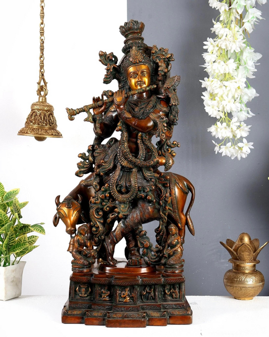 Brassaura® Premium Brass Lord Krishna Playing Flute with Sacred Cow Idol | Handcrafted Antique Finish Krishna Murti for Home Temple & Spiritual Décor | Height 29 Inches | Weight 35 Kgs