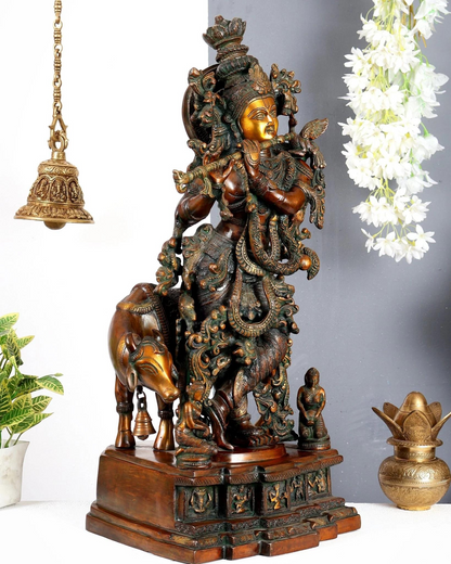 Brassaura® Premium Brass Lord Krishna Playing Flute with Sacred Cow Idol | Handcrafted Antique Finish Krishna Murti for Home Temple & Spiritual Décor | Height 29 Inches | Weight 35 Kgs