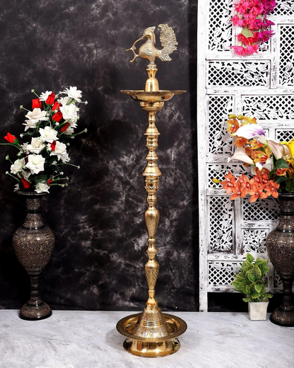 Brassaura® Peacock Samai Inauguration Lamp Pair with Natural Brass Finish | Pure Superfine Brass Handcrafted Murti | Brass Statue for Home Temple, Pooja Room | Height 51 Inches | Weight 25 Kgs
