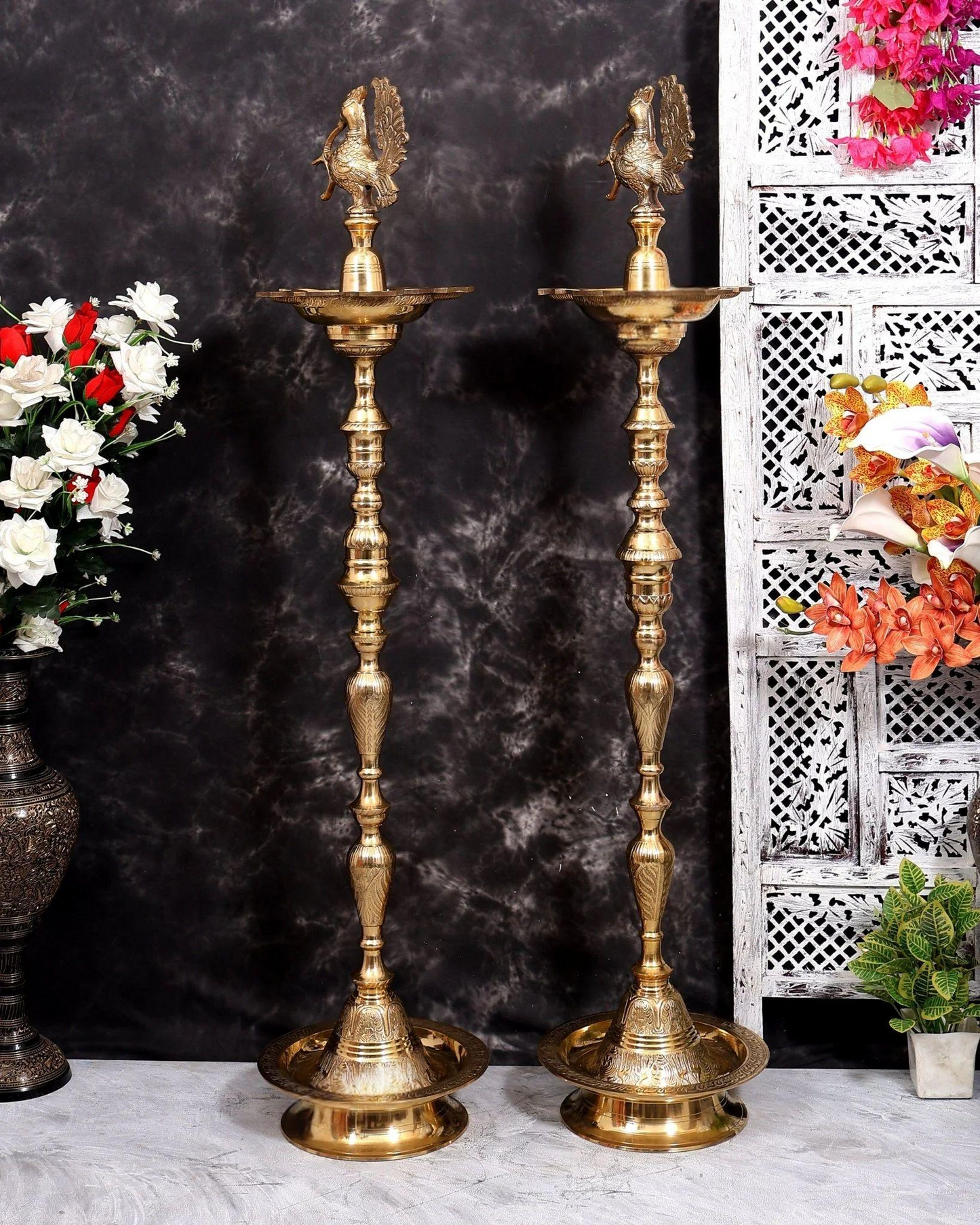 Brassaura® Peacock Samai Inauguration Lamp Pair with Natural Brass Finish | Pure Superfine Brass Handcrafted Murti | Brass Statue for Home Temple, Pooja Room | Height 51 Inches | Weight 25 Kgs