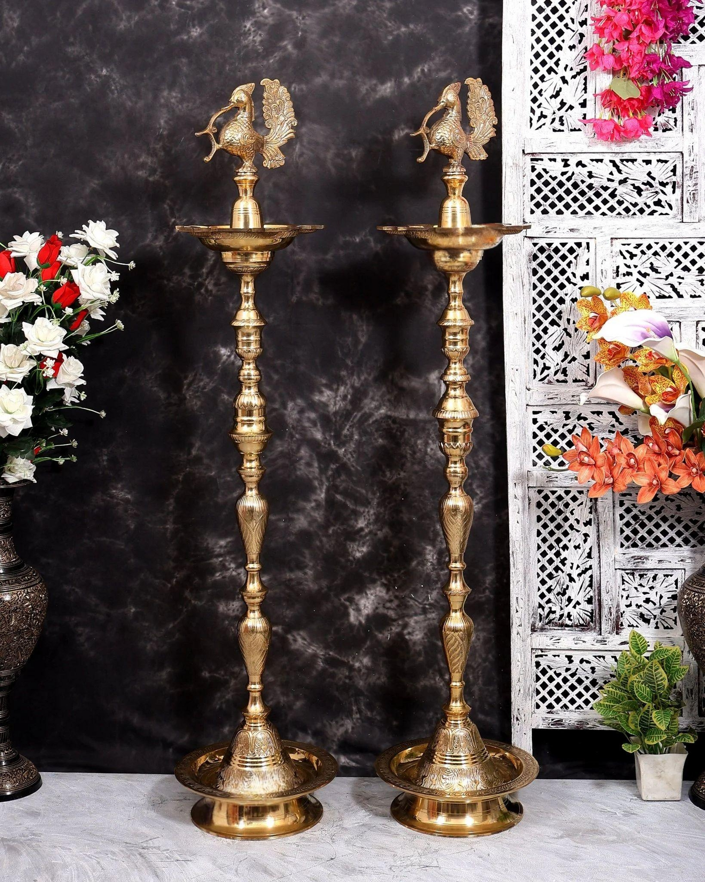 Brassaura® Peacock Samai Inauguration Lamp Pair with Natural Brass Finish | Pure Superfine Brass Handcrafted Murti | Brass Statue for Home Temple, Pooja Room | Height 51 Inches | Weight 25 Kgs