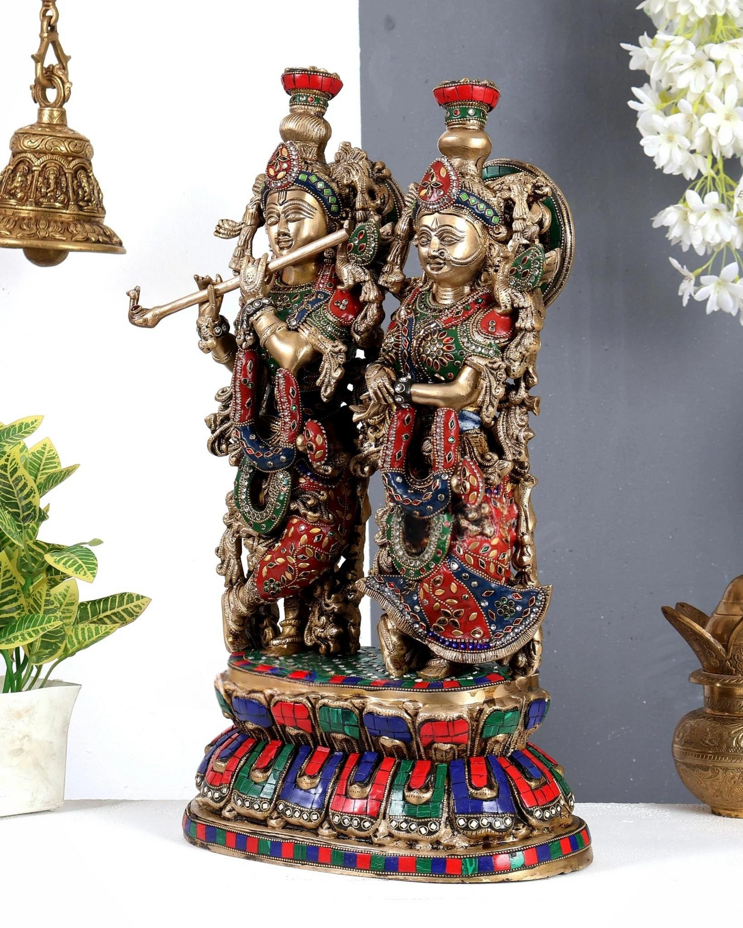 Brassaura® Meenakari Radha Krishna Idol on Single Base | Handcrafted Stonework Krishna & Radha Murti for Home Temple & Spiritual Décor | Height 21 Inches | Weight 18.4 Kgs