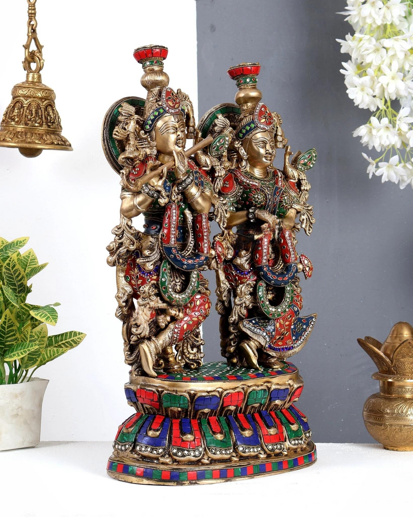 Brassaura® Meenakari Radha Krishna Idol on Single Base | Handcrafted Stonework Krishna & Radha Murti for Home Temple & Spiritual Décor | Height 21 Inches | Weight 18.4 Kgs