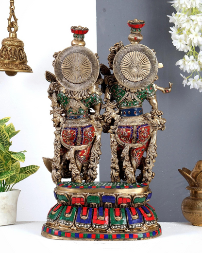 Brassaura® Meenakari Radha Krishna Idol on Single Base | Handcrafted Stonework Krishna & Radha Murti for Home Temple & Spiritual Décor | Height 21 Inches | Weight 18.4 Kgs