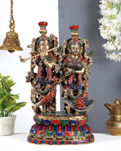 Brassaura® Meenakari Radha Krishna Idol on Single Base | Handcrafted Stonework Krishna & Radha Murti for Home Temple & Spiritual Décor | Height 21 Inches | Weight 18.4 Kgs