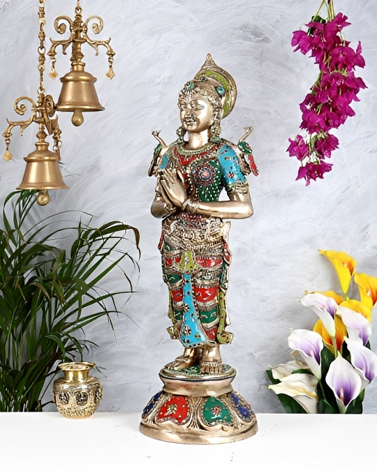 Brassaura® Brass Large Welcome Namaste Lady Statue | Height 30.5 Inches