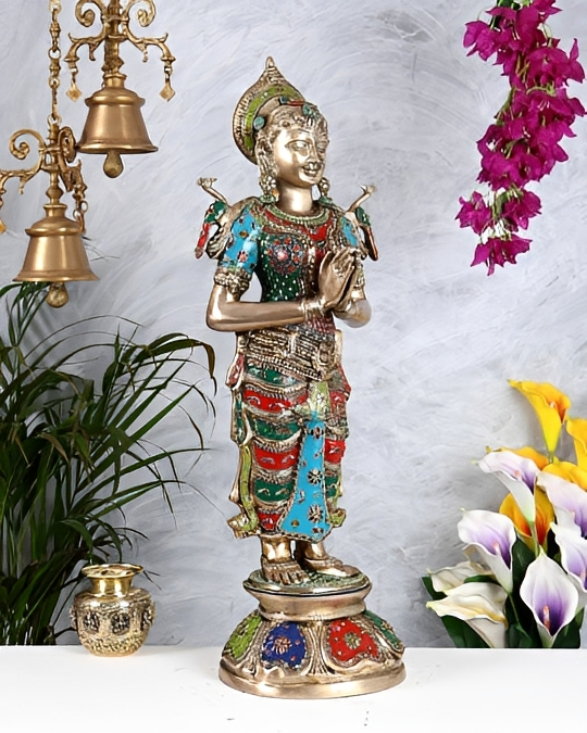 Brassaura® Brass Large Welcome Namaste Lady Statue | Height 30.5 Inches
