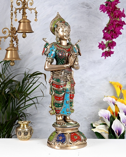 Brassaura® Brass Large Welcome Namaste Lady Statue | Height 30.5 Inches