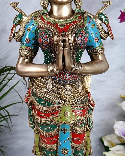 Brassaura® Brass Large Welcome Namaste Lady Statue | Height 30.5 Inches