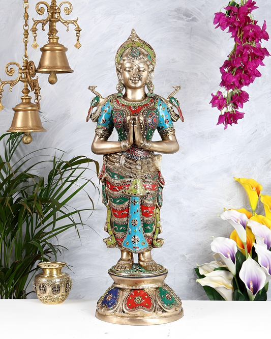 Brassaura® Brass Large Welcome Namaste Lady Statue | Height 30.5 Inches
