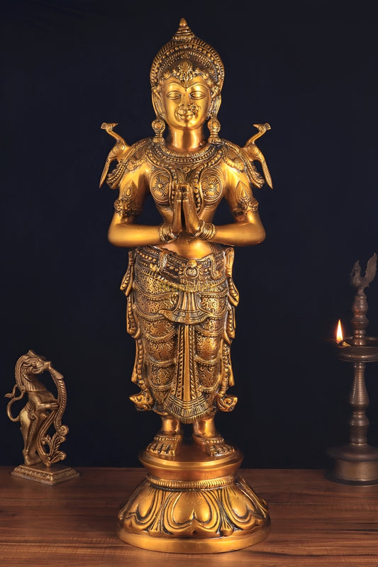 Brassaura™ Brass Welcome Namaste Lady Statue – Height 30.5 Inches & Weight 14.5 Kgs | Elegant Entrance & Home Décor