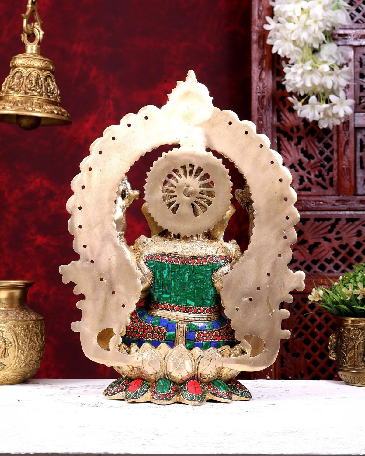 Brassaura® Ganesha Seated on Lotus with Prabhavali Arch and Multi-Color Meenakari Finish | Pure Superfine Brass Handcrafted Murti | Brass Statue for Home Temple, Pooja Room | Height 15.5 Inches | Weight 12 Kgs
