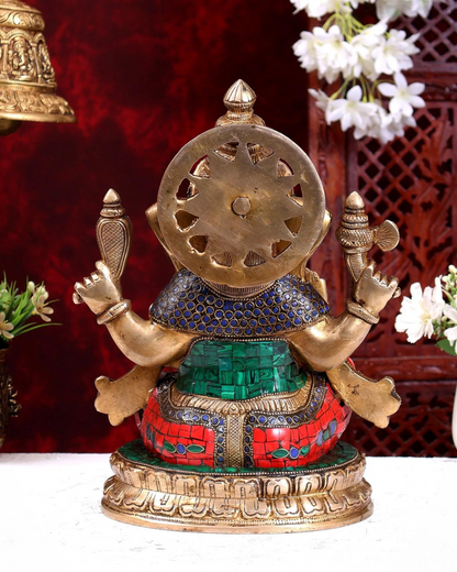 Brassaura® Brass Meenakari Lord Ganesha Idol | Handcrafted Stone Work Ganpati Statue for Home Temple, Office & Spiritual Décor | Height 12.5 Inches | Weight 8 Kgs