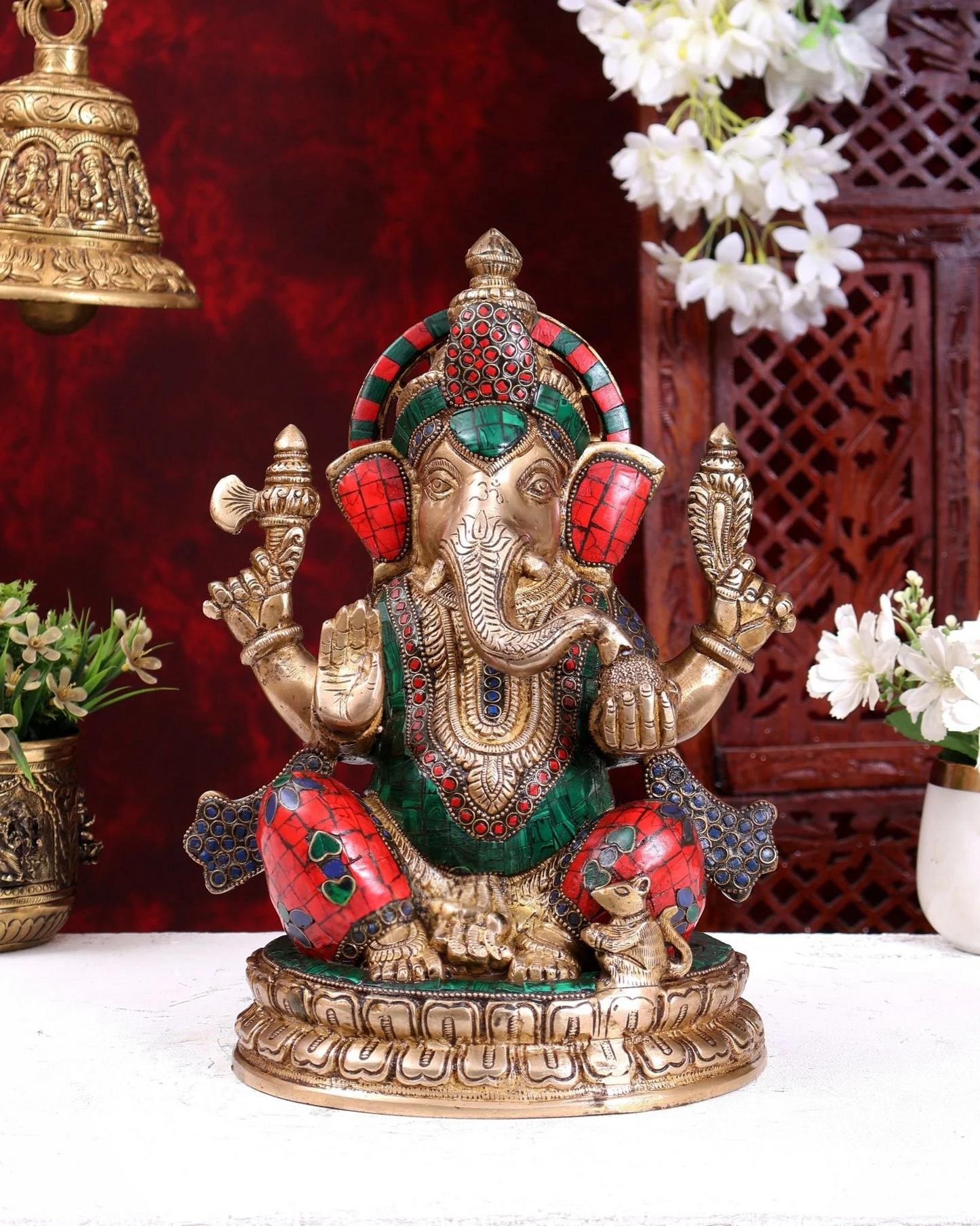 Brassaura® Brass Meenakari Lord Ganesha Idol | Handcrafted Stone Work Ganpati Statue for Home Temple, Office & Spiritual Décor | Height 12.5 Inches | Weight 8 Kgs