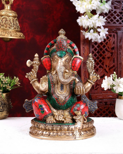 Brassaura® Brass Meenakari Lord Ganesha Idol | Handcrafted Stone Work Ganpati Statue for Home Temple, Office & Spiritual Décor | Height 12.5 Inches | Weight 8 Kgs