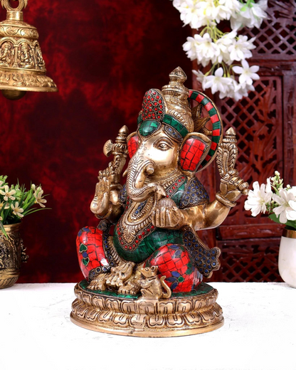 Brassaura® Brass Meenakari Lord Ganesha Idol | Handcrafted Stone Work Ganpati Statue for Home Temple, Office & Spiritual Décor | Height 12.5 Inches | Weight 8 Kgs