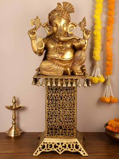 Brassaura™ Pure Brass Lord Ganesha Idol on Handcrafted Engraved Brass Stool | Grand Spiritual Showpiece | Total Weight 50.5 Kgs | Idol Height 21 Inches